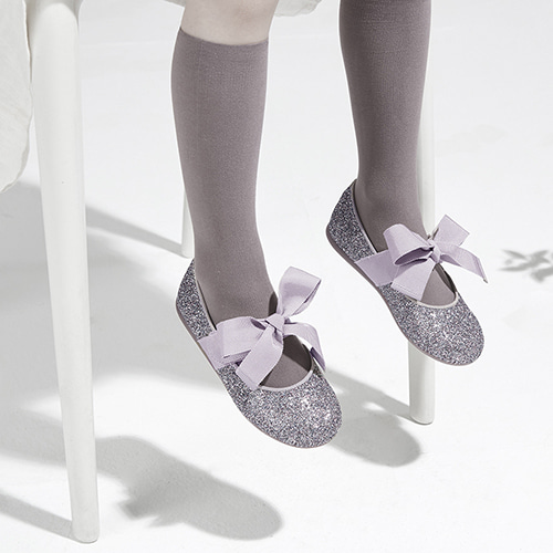 Piony Silver Glitter Ribbon Ballet Flat Girl&#039;s Shoes
