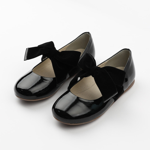Piony Velvet Ribbon Black Crink Ballet Flat Girl&#039;s Shoes