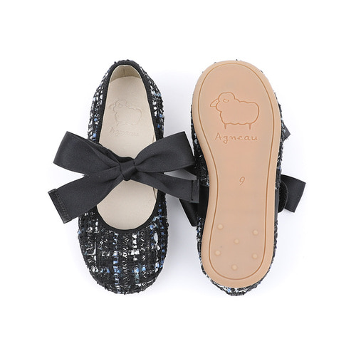 Piony Tweed Black Ribbon Ballet Flat Girl&#039;s Shoes