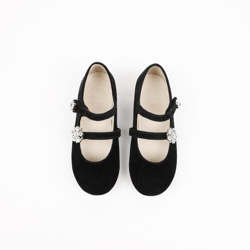 Pearl Black Velvet Crystal Flat Girl&#039;s Shoes