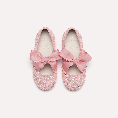 Piony Corral Pink Glitter Ribbon Ballet Flat Girl&#039;s Shoes