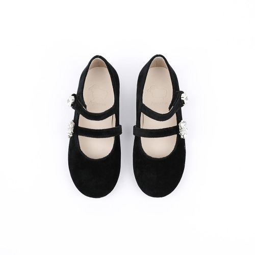 Pearl Black Velvet Crystal Flat Girl&#039;s Shoes