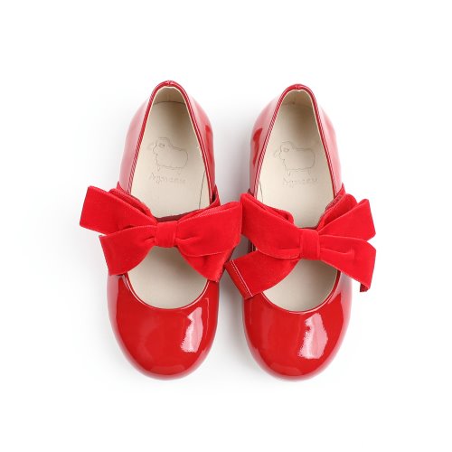 Piony Velvet Ribbon Red Crink Ballet Flat Girl&#039;s Shoes
