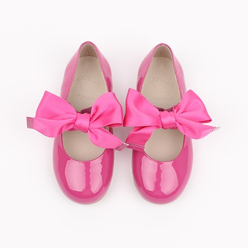 Pionysatin Hot Pink Crink Ribbon Ballet Flat Girl&#039;s Shoes