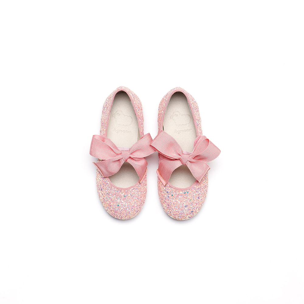 Piony Corral Pink Glitter Ribbon Ballet Flat Girl&#039;s Shoes