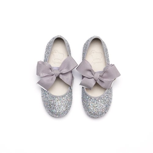 Piony Silver Glitter Ribbon Ballet Flat Girl&#039;s Shoes
