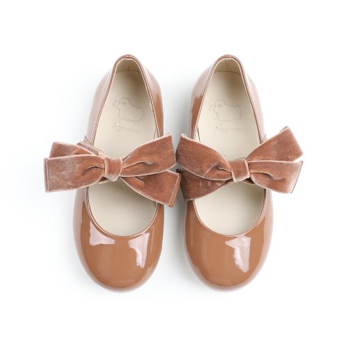 Piony Velvet Ribbon Brown Crink Ribbon Ballet Flat Girl&#039;s Shoes