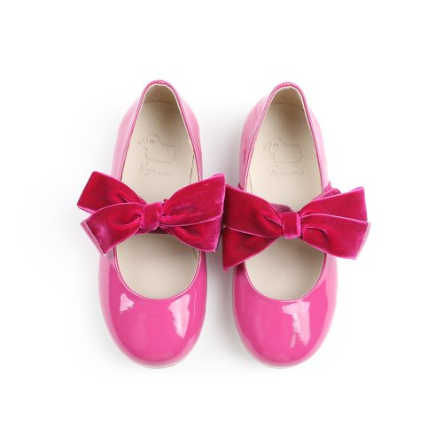 Piony Velvet Ribbon Hot Pink Crink Ribbon Ballet Flat Girl&#039;s Shoes