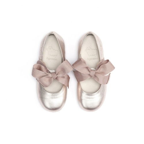 Piony Champagne Gold Ribbon Ballet Flat Girl&#039;s Shoes