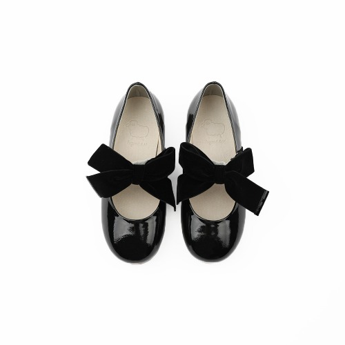 Piony Velvet Ribbon Black Crink Ballet Flat Girl&#039;s Shoes