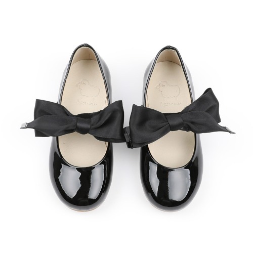 Pionysatin Black Crink Ribbon Ballet Flat Girl Enamel Shoes