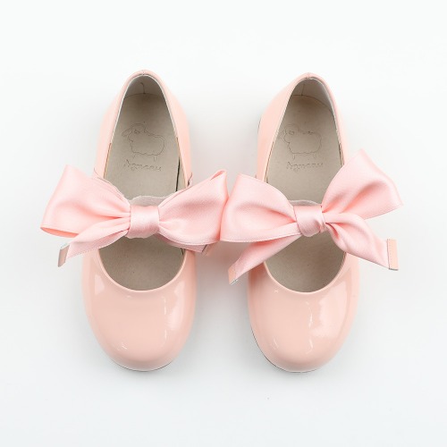 Pionysatin Baby Pink Crink Ribbon Ballet Flat Girl&#039;s Shoes
