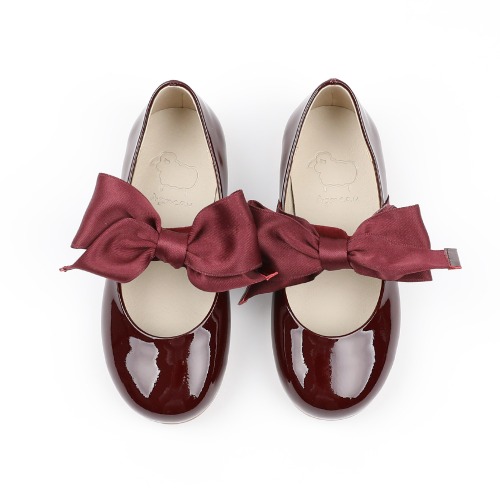 Pionysatin Wine Crink Ribbon Mary Jane Flat Girl&#039;s Shoes