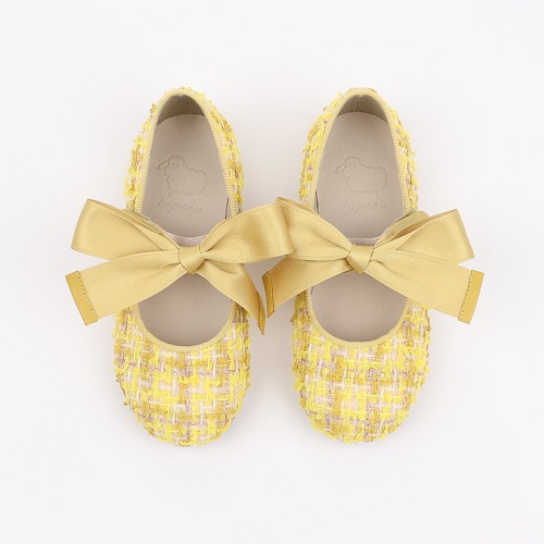 Piony Tweed Yellow Ribbon Ballet Flat Girl&#039;s Shoes